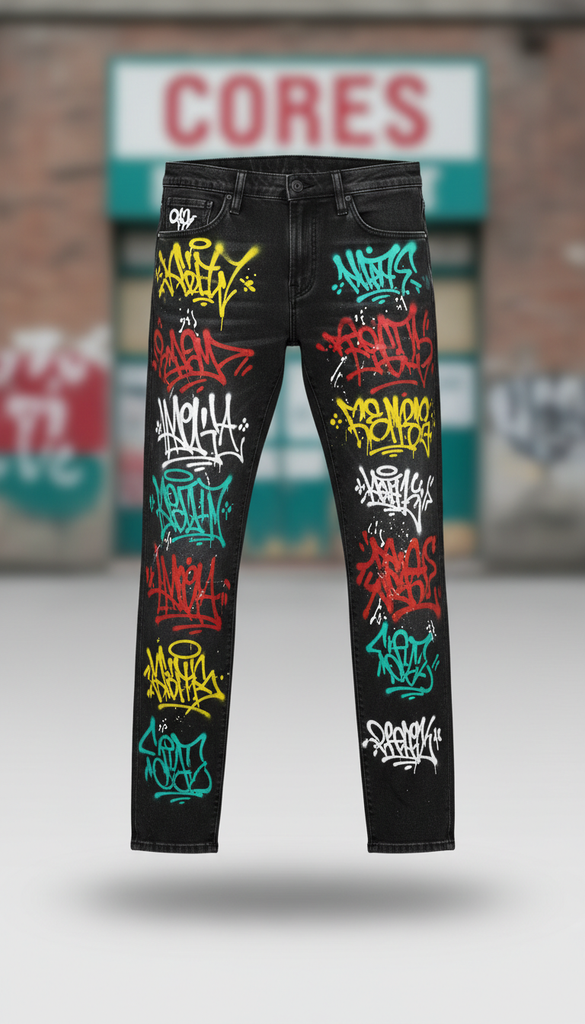 Graffiti-accented denim jeans
