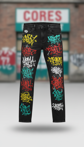 Graffiti-accented denim jeans